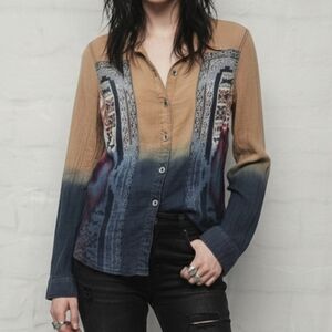 Bke Tan Blue Western Aztec Tribal Button Down Shirt Boho Festival M